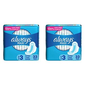 always maxi feminine pads for women, size 3 extra long super absorbency, with wings, unscented, 33 count (pack of 2)