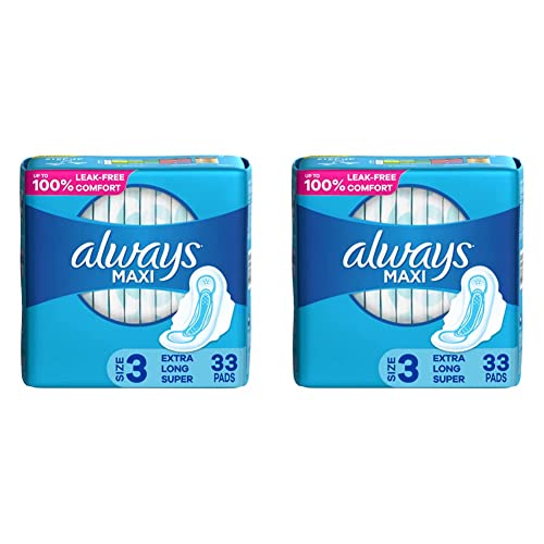 Always Maxi Feminine Pads for Women, Size 3 Extra Long Super Absorbency, with Wings, Unscented, 33 Count (Pack of 2)