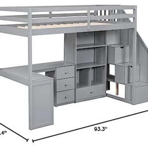 Wood Loft Bed Twin Size, Multifunctional Twin Bed Frame with L-Shaped Desk and Drawers, Cabinet and Storage Staircase, Gray