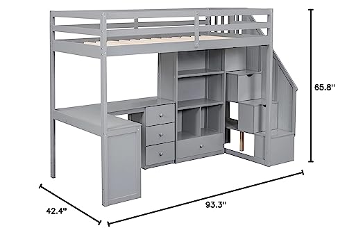 Wood Loft Bed Twin Size, Multifunctional Twin Bed Frame with L-Shaped Desk and Drawers, Cabinet and Storage Staircase, Gray