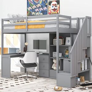 wood loft bed twin size, multifunctional twin bed frame with l-shaped desk and drawers, cabinet and storage staircase, gray