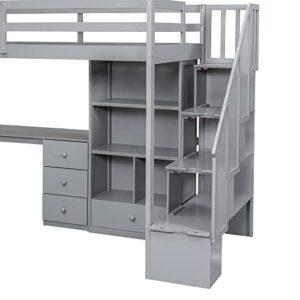 Wood Loft Bed Twin Size, Multifunctional Twin Bed Frame with L-Shaped Desk and Drawers, Cabinet and Storage Staircase, Gray