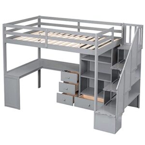 Wood Loft Bed Twin Size, Multifunctional Twin Bed Frame with L-Shaped Desk and Drawers, Cabinet and Storage Staircase, Gray