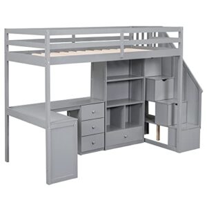 Wood Loft Bed Twin Size, Multifunctional Twin Bed Frame with L-Shaped Desk and Drawers, Cabinet and Storage Staircase, Gray