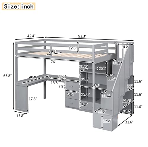 Wood Loft Bed Twin Size, Multifunctional Twin Bed Frame with L-Shaped Desk and Drawers, Cabinet and Storage Staircase, Gray