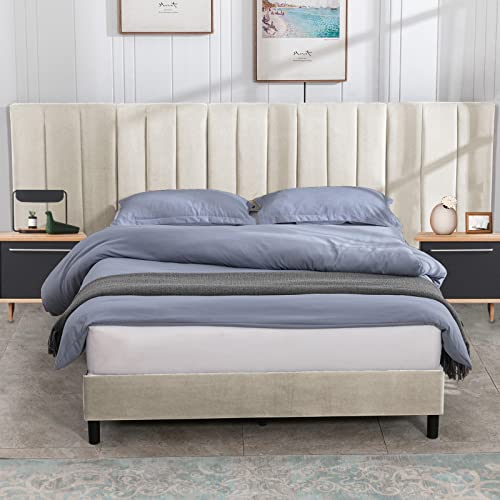 Mjkone Velvet Upholstered Platform Bed Frame, Bed Frame with Oversized Wingback Headboard, Wood Strips Support/No Box Spring Needed/Easy Assembly (Beige,California King)