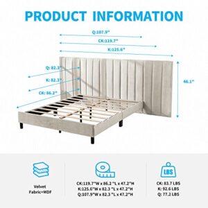 Mjkone Velvet Upholstered Platform Bed Frame, Bed Frame with Oversized Wingback Headboard, Wood Strips Support/No Box Spring Needed/Easy Assembly (Beige,California King)