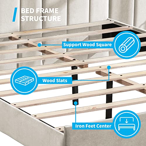 Mjkone Velvet Upholstered Platform Bed Frame, Bed Frame with Oversized Wingback Headboard, Wood Strips Support/No Box Spring Needed/Easy Assembly (Beige,California King)
