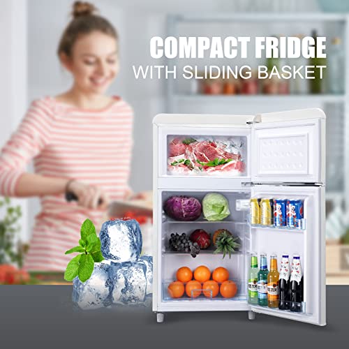 Compact Refrigerator 3.2 Cu.Ft WANAI Classic Retro Refrigerator 2 Door Mini Refrigerator Adjustable Remove Glass Shelves Refrigerator Suitable for Dorm Garage and Office