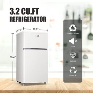 Compact Refrigerator 3.2 Cu.Ft WANAI Classic Retro Refrigerator 2 Door Mini Refrigerator Adjustable Remove Glass Shelves Refrigerator Suitable for Dorm Garage and Office