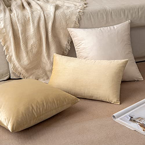 MIULEE Camel Beige Velvet Curtains Thermal Insulated Blackout Curtain Set of 2 and Pack of 2 Velvet Soft Solid Decorative Square Throw Pillow Covers 18 x 18 Inch Beige