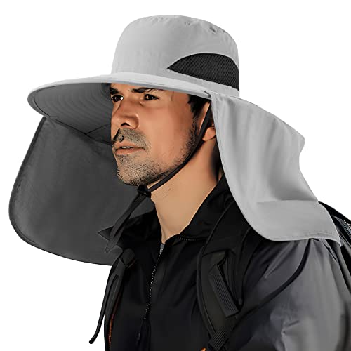 DOCVIT Fishing Hat for Men&Women,Outdoor UV Waterproof Wide Brim Bucket Hat,UPF50+ Sun Hat with Neck Flap Light Grey