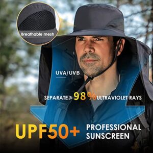 DOCVIT Fishing Hat for Men&Women,Outdoor UV Waterproof Wide Brim Bucket Hat,UPF50+ Sun Hat with Neck Flap Light Grey