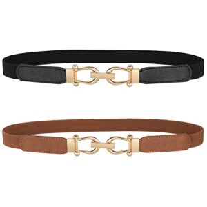 jasgood women skinny elastic belt for dresses,thin retro stretch waist belt with golden buckle 2 pack,black+brown,fit waist size 28-32 inch