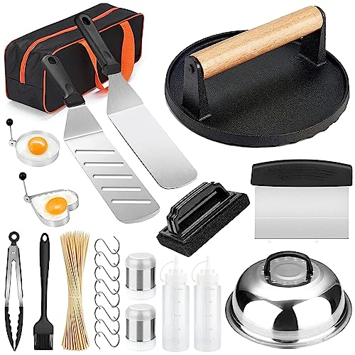 Griddle Accessories Kit and Burger Press, 122 PCS Griddle Grill Tools Set for Blackstone Stainless Steel Grill BBQ Spatula Utensils Set with Storage Bag