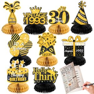 10pcs 30th birthday decorations men,30th birthday centerpieces for tables decorations for women, black gold cheers to 30 years honeycomb table topper with vintage 1993 guest book signing board.