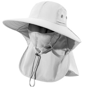 HEEHIPOO Mens Women Fishing Hat UPF 50+ Wide Brim Sun Hat with Face Cover & Neck Flap Light Gray