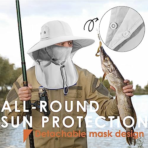 HEEHIPOO Mens Women Fishing Hat UPF 50+ Wide Brim Sun Hat with Face Cover & Neck Flap Light Gray