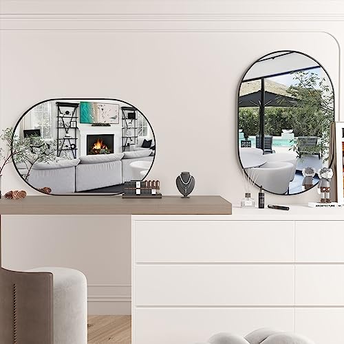 CASSILANDO 2 Pieces Oval Mirror, 20"×30" Oval Bathroom Mirror, Metal Frame Mirror, Hang Horizontally or Vertically Unique Wall Mounted Mirror, Black Vanity Mirror for Living Room, Bathroom