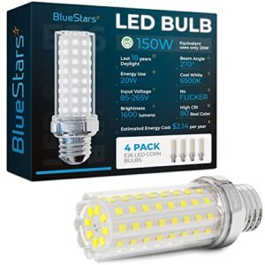 bluestars [2023 updated 4 packs e26/e27 led corn light bulbs 20w - 150w equivalent 6500k cool daylight white 1600 lumens non-dimmable for home garage indoor ceiling fan and chandelier