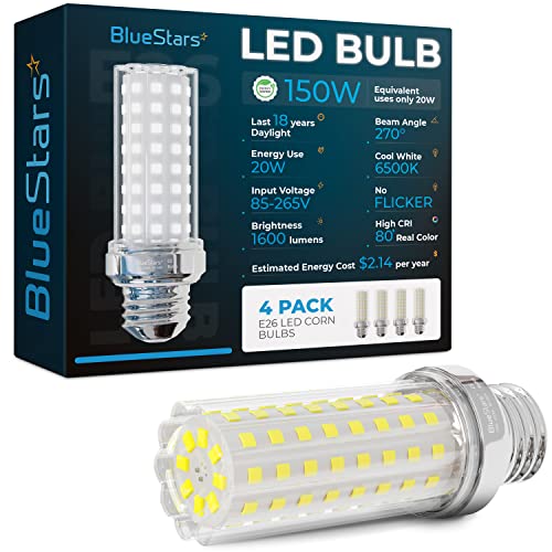 BlueStars [2023 Updated 4 Packs E26/E27 LED Corn Light Bulbs 20W - 150W Equivalent 6500K Cool Daylight White 1600 lumens Non-dimmable for Home Garage Indoor Ceiling Fan and Chandelier