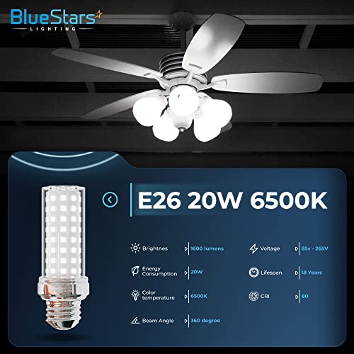 BlueStars [2023 Updated 4 Packs E26/E27 LED Corn Light Bulbs 20W - 150W Equivalent 6500K Cool Daylight White 1600 lumens Non-dimmable for Home Garage Indoor Ceiling Fan and Chandelier