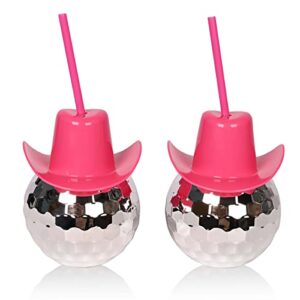 2 pcs,disco ball cups,fashionable pink disco ball cowboy hat,disco ball cup with straw for christmas day,halloween,achelorette party,new year’s eve,birthday party,reusable and removable