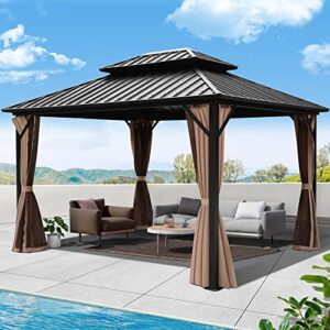 gartoo 10x12ft outdoor galvanized steel top gazebo with double roof - heavy-duty hardtop gazebo with breathable netting & zipper curtains for patio, porch, garden, lawn, deck, backyard
