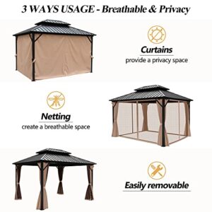 GARTOO 10x12FT Outdoor Galvanized Steel Top Gazebo with Double Roof - Heavy-Duty Hardtop Gazebo with Breathable Netting & Zipper Curtains for Patio, Porch, Garden, Lawn, Deck, Backyard