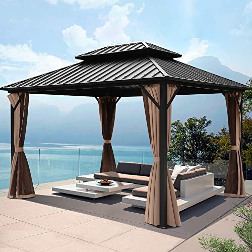 GARTOO 10x12FT Outdoor Galvanized Steel Top Gazebo with Double Roof - Heavy-Duty Hardtop Gazebo with Breathable Netting & Zipper Curtains for Patio, Porch, Garden, Lawn, Deck, Backyard