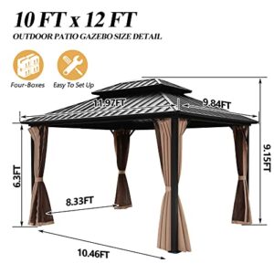 GARTOO 10x12FT Outdoor Galvanized Steel Top Gazebo with Double Roof - Heavy-Duty Hardtop Gazebo with Breathable Netting & Zipper Curtains for Patio, Porch, Garden, Lawn, Deck, Backyard