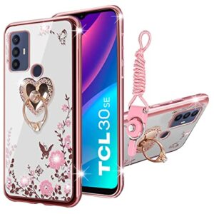 kudini case for tcl 30 se, tcl 30 se 2022 phone case for women glitter crystal soft bling butterfly heart floral clear protective cover with kickstand+strap for tcl 30 se 6.52” (rose gold)