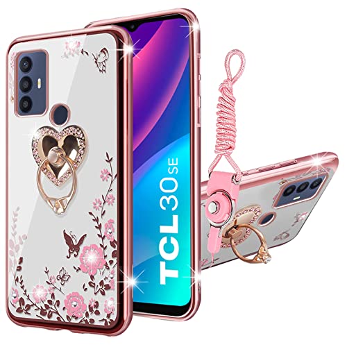 KuDiNi Case for TCL 30 SE, TCL 30 SE 2022 Phone Case for Women Glitter Crystal Soft Bling Butterfly Heart Floral Clear Protective Cover with Kickstand+Strap for TCL 30 SE 6.52” (Rose Gold)