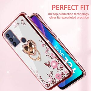 KuDiNi Case for TCL 30 SE, TCL 30 SE 2022 Phone Case for Women Glitter Crystal Soft Bling Butterfly Heart Floral Clear Protective Cover with Kickstand+Strap for TCL 30 SE 6.52” (Rose Gold)