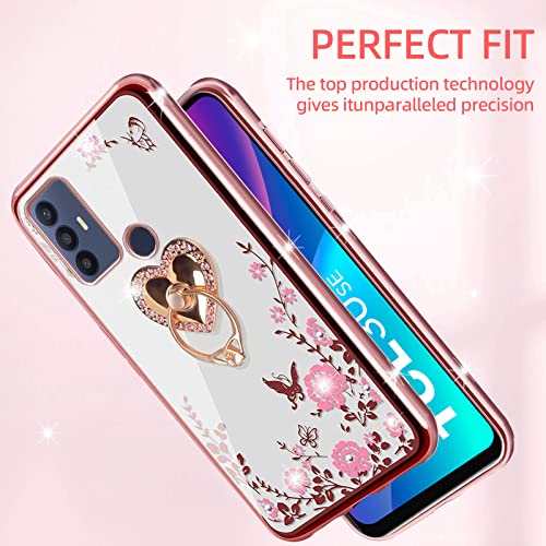 KuDiNi Case for TCL 30 SE, TCL 30 SE 2022 Phone Case for Women Glitter Crystal Soft Bling Butterfly Heart Floral Clear Protective Cover with Kickstand+Strap for TCL 30 SE 6.52” (Rose Gold)