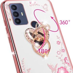 KuDiNi Case for TCL 30 SE, TCL 30 SE 2022 Phone Case for Women Glitter Crystal Soft Bling Butterfly Heart Floral Clear Protective Cover with Kickstand+Strap for TCL 30 SE 6.52” (Rose Gold)