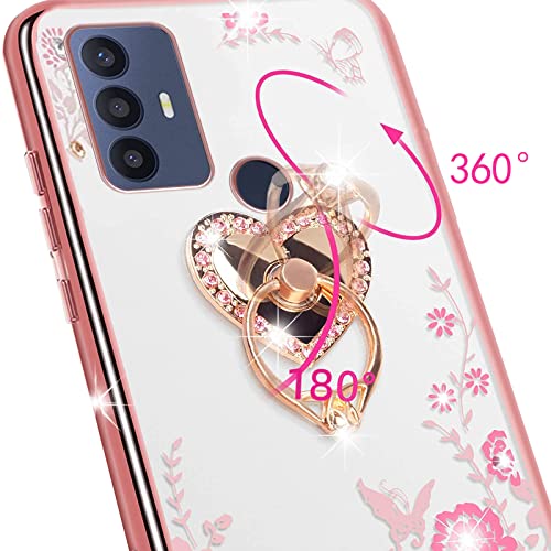 KuDiNi Case for TCL 30 SE, TCL 30 SE 2022 Phone Case for Women Glitter Crystal Soft Bling Butterfly Heart Floral Clear Protective Cover with Kickstand+Strap for TCL 30 SE 6.52” (Rose Gold)