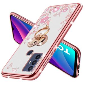 KuDiNi Case for TCL 30 SE, TCL 30 SE 2022 Phone Case for Women Glitter Crystal Soft Bling Butterfly Heart Floral Clear Protective Cover with Kickstand+Strap for TCL 30 SE 6.52” (Rose Gold)