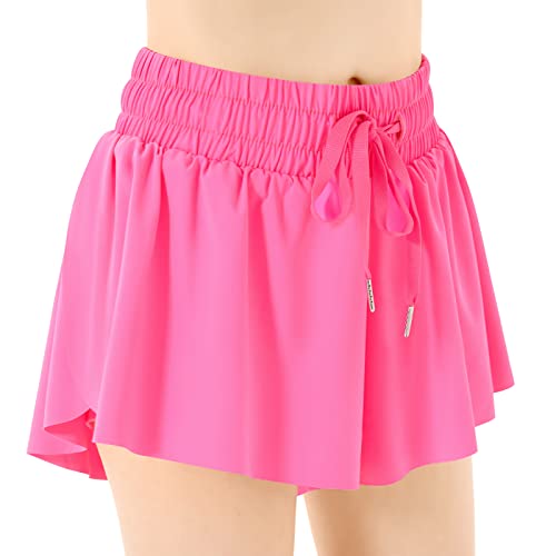 Girls Flowy Shorts Butterfly Shorts with Pocket 2-in-1 Athletic Shorts Running Shorts for Girls Kids Active Workout Sports (Hot Pink,Medium)