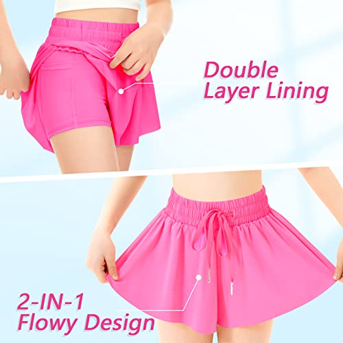 Girls Flowy Shorts Butterfly Shorts with Pocket 2-in-1 Athletic Shorts Running Shorts for Girls Kids Active Workout Sports (Hot Pink,Medium)