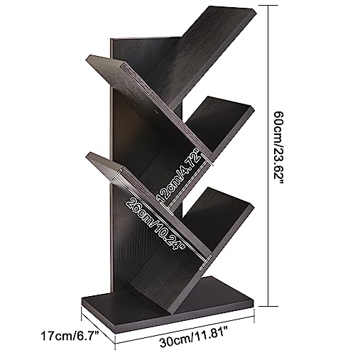 YMYNY 4 Tiers Tree Bookshelf, Floor Standing Bookcase, Wooden Book Storage Organizer, Small Bookshelf for Bedroom, Living Room, Office, Display Rack for CDs/Magazine/Books, Black, 23.6" H, UHBC014B