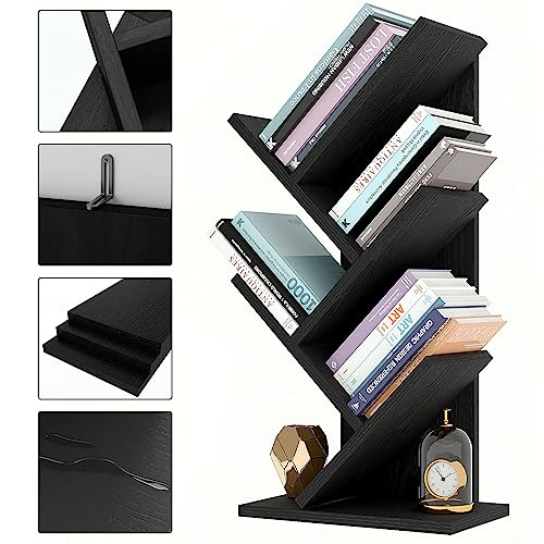 YMYNY 4 Tiers Tree Bookshelf, Floor Standing Bookcase, Wooden Book Storage Organizer, Small Bookshelf for Bedroom, Living Room, Office, Display Rack for CDs/Magazine/Books, Black, 23.6" H, UHBC014B