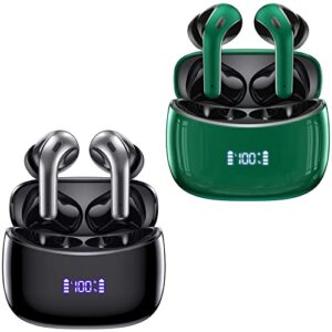 2 sets wireless earbuds bluetooth headphones 60h playtime ear buds with led power display charging case earphones in-ear earbud with microphone for android cell phone gaming pc laptop black + green