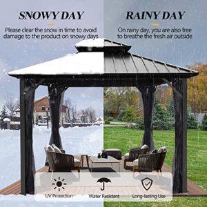 GARTOO 10x10FT Outdoor Hardtop Gazebo with Double Roof - Heavy-Duty Galvanized Steel Top Aluminum Frame Gazebo with Breathable Netting & Privacy Curtain for Patio, Porch, Garden, Lawn, Deck, Backyard