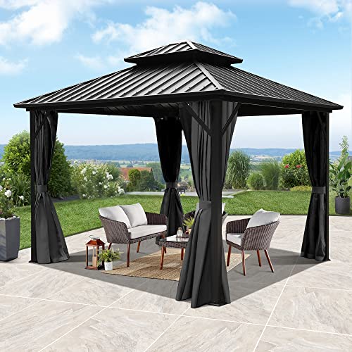 GARTOO 10x10FT Outdoor Hardtop Gazebo with Double Roof - Heavy-Duty Galvanized Steel Top Aluminum Frame Gazebo with Breathable Netting & Privacy Curtain for Patio, Porch, Garden, Lawn, Deck, Backyard