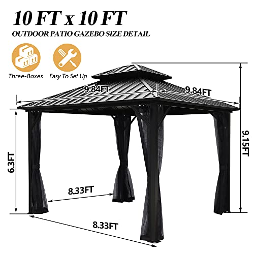 GARTOO 10x10FT Outdoor Hardtop Gazebo with Double Roof - Heavy-Duty Galvanized Steel Top Aluminum Frame Gazebo with Breathable Netting & Privacy Curtain for Patio, Porch, Garden, Lawn, Deck, Backyard