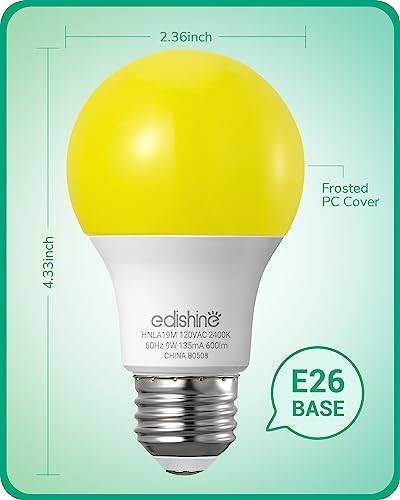EDISHINE A19 Yellow Light Bulb, 9W(60W Equivalent), 600LM, 2400K Amber Glow Outdoor Bug Light Bulbs, Non-Dimmable, E26 Medium Base, UL Listed, 8 Pack