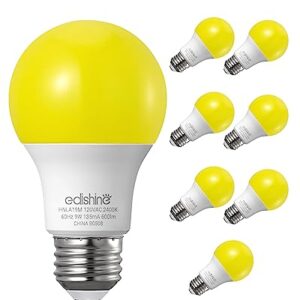 EDISHINE A19 Yellow Light Bulb, 9W(60W Equivalent), 600LM, 2400K Amber Glow Outdoor Bug Light Bulbs, Non-Dimmable, E26 Medium Base, UL Listed, 8 Pack