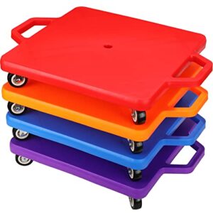 liliful 20.8"l x 15.7"w floor scooter board with handles, set of 4, plastic gym scooter for kids, sports scooter board, sit and spin for children indoor outdoor activities (red, orange, blue, purple)