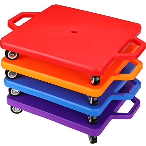 Liliful 20.8"L x 15.7"W Floor Scooter Board with Handles, Set of 4, Plastic Gym Scooter for Kids, Sports Scooter Board, Sit and Spin for Children Indoor Outdoor Activities (Red, Orange, Blue, Purple)